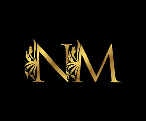 Classy Gold N,M, NM Letter Floral logo. Vintage drawn emblem for book design, weeding card, brand name, business card, Restaurant, Boutique, Hotel.