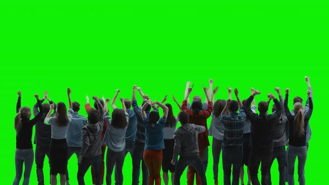 Green Screen: Big Crowd of People Having Fun, Applauding, Jumping, Celebrating at Sport Event, Concert, Festival Party. Back View. Chroma Key, Black Screen, Silhouette White People on Black Background