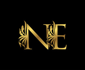 Classy Gold N,E, NE Letter Floral logo. Vintage drawn emblem for book design, weeding card, brand name, business card, Restaurant, Boutique, Hotel.