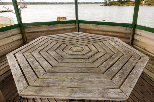Sater, Sweden  A picnic table in a gazebo.