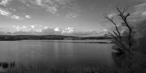 black and white long exposure of Jungferweiher Lake in Ulmen, eife county, west Germany