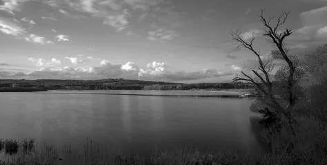 Photo sur Aluminium Noir et blanc Longue exposition noir et blanc du lac Jungferweiher à Ulmen, comté de l& 39 Eife, Allemagne de l& 39 ouest