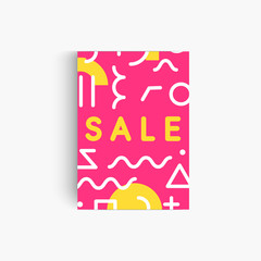 Sale pink banner template with memphis geometrical background. Bright sunny backdrop for flyer, card, poster or presentation. Vector illustration.