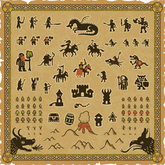 RPG map elements set that includes a frame, various medieval fantasy icons and a square parchment background. © Fantasy Maps