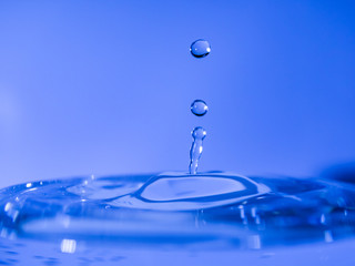 Water drop creating waves ripples and air borne water droplet
