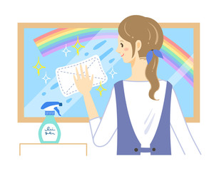窓を拭く女性のイラスト（虹）