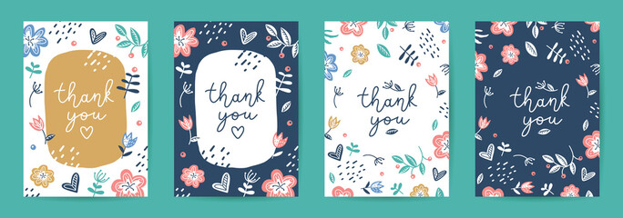 thank you vector cards of lettering and flowers - 345123034