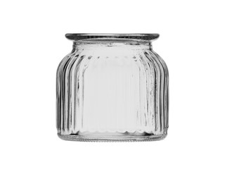 Empty open glass jar for cereals or sugar, or other bulk products or canned food. Isolated on a white background