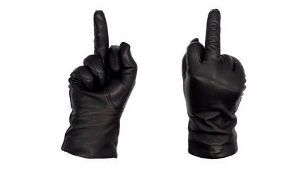 Hands wearing black leather gloves make the offensive middle finger gesture, view from front and...