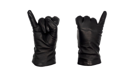 Hands wearing black leather gloves with little finger raised, view from front and back.  Female hand isolated, no skin