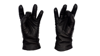 Hands wearing black leather gloves make the Shuni Mudra gesture, palms up.  Female hand isolated, no skin