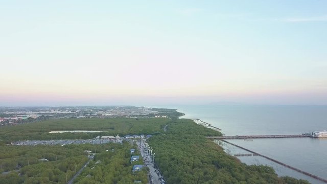 Aerial view landscape in sunset at Bang Pu Recreation Center is a seaside resort on the Bay with point of view seagulls
