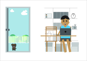 man work from home. Working on a computer. Freelance, online education or social media concept.social distancing