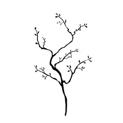 Bare simple not perfect black tree silhouette with leaves. Illustration isolated on white. Hand drawing vector asia sign, symbol. Wabi sabi japanese style.