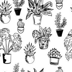 Tapeten Vektor nahtlose Muster mit Zimmerpflanzen in Töpfen in Schwarz-Weiß-Farben. © alina_galieva