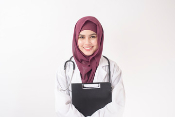 Beautiful woman doctor with hijab portrait on white background