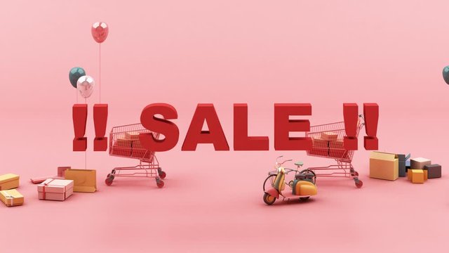 Supermarket shopping cart surrounding by giftbox with credit card on pink background and sales discount text 3d rendering