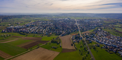 Aerial view of the city Rutesheim in Germany on a sunny morning in early spring