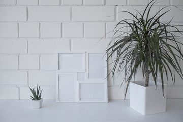 Interior. Decor for the home. Homemade flowers in white pots against a white brick wall.