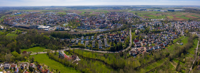 Aerial view of the city Sachsenheim in Germany on a sunny day in early spring
