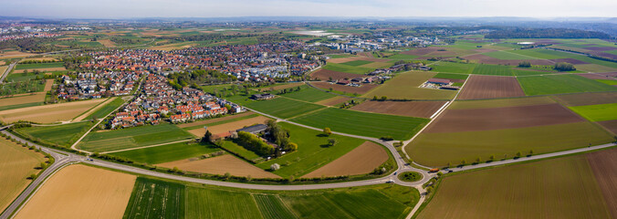 Aerial view of the village Münchingen in Germany on a sunny morning in early spring
