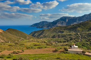 valley and Church of St George near Spoa village Karpathos island, Greece
