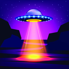 Alien and Ufo flying spaceship with light beam at night Sea and Sky  Vector illustration