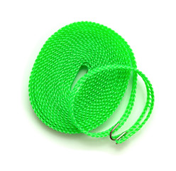 top view green plastic clothesline on white