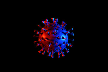 coronavirus highlighted by red and blue lights on a black background