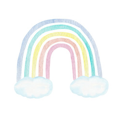 Watercolor illustration with rainbow and clouds in pastel color. Handmade clipart in trendy scandinavian style.