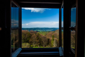 Window view from shelter in Łabowska hall, Poland