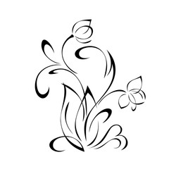 ornament 1133. stylized flower with two buds on a curved stem with leaves and curls in black lines on a white background