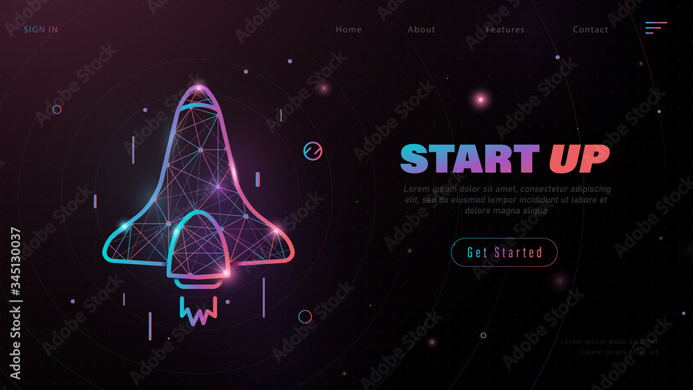 Poster Business Start Up Concept for banner, web page, presentation, landing page template. Rocket launch into undiscovered space. Low poly wireframe. Vector illustration