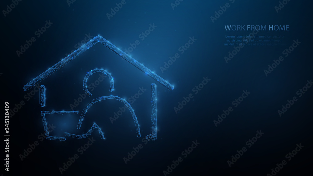 Aufkleber Work from home icon. Businessman working on laptop computer at home. Social distancing. Low poly wireframe. Vector illustration