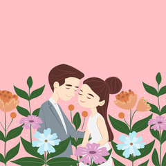 cute boy and girl with flower for valentine postcard