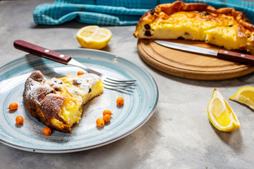 Fresh baked homemade cottage cheese casserole with raisins.