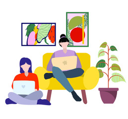 Woman with a laptop working or studying at home sitting on a sofa in the living room. Flat vector illustration.