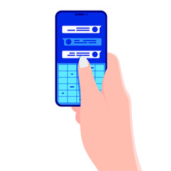 Hand holding phone with short messages, icons and emoticons. Chatting with friends and sending new messages. Speech bubbles boxes on smartphone screen flat design vector illustration.
