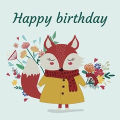 It Says Happy Birthday. Fox with a bouquet of flowers. Print for postcards, t-shirts and posters. flat...