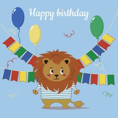 It Says Happy Birthday. Lion with balls and flags. Print for postcards, t-shirts and posters. flat...