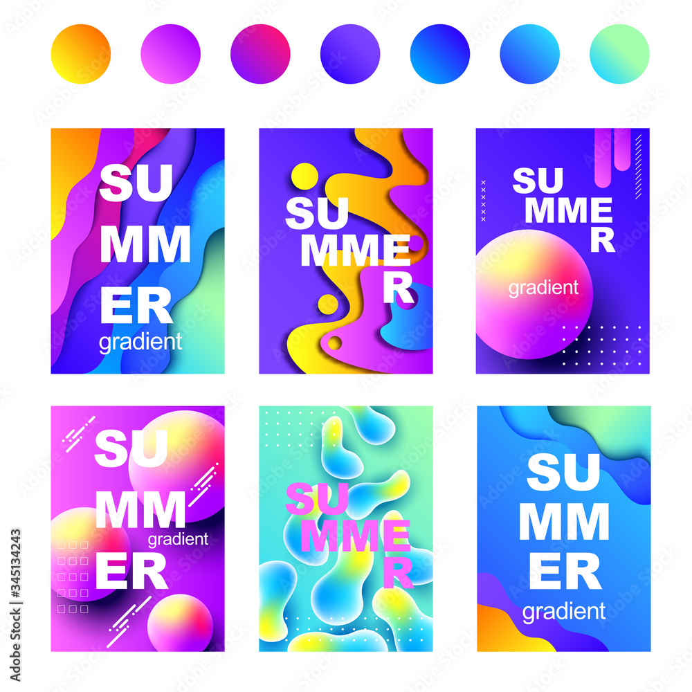 Poster Set of abstract bright backgrounds. Minimal covers design. Colorful gradients. Future geometric patterns. Modern abstract covers set. Cool gradient shapes composition. Dynamical colored forms and line
