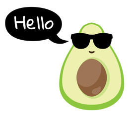 vector illustration of an avocado in sungalsses with speech bubble and hello text. funny avocado vector.