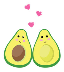 vector illustration of two avocados. pink hearts and avocado background.