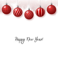 2021. Happy New year. Christmas balls. Red design. Holiday celebration. Winter decoration collection for your design. New year hanging ball balls with ornament. Realistic decorations