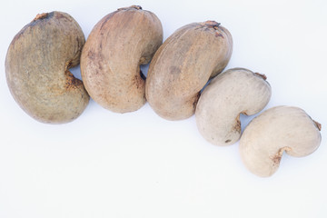 Cashew nuts with shell waiting to be processed on white background