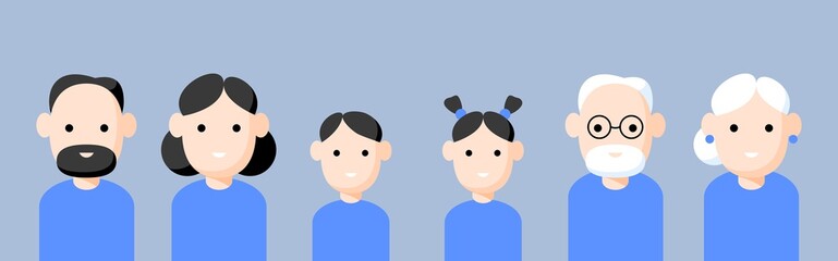 People. Family. Vector flat illustration. Family. Son, daughter, mother (mom), father (daddy), grandmother (grandma), grandfather. Big family. Flat vector illustration. People of different age. Family