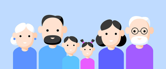 People vector illustration. Family. Flat design. Family. Son, daughter, mother (mom), father (daddy), grandmother (grandma), grandfather. Big family. Flat vector illustration. People of different age