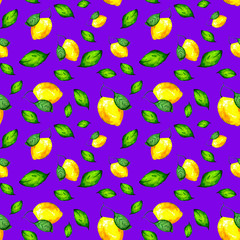 Seamless background with juicy lemons and green leaves.  Bright illustration for textiles, packaging, Wallpapers and original backgrounds on nature theme.

