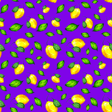 Seamless background with juicy lemons and green leaves.  Bright illustration for textiles, packaging, Wallpapers and original backgrounds on nature theme.
