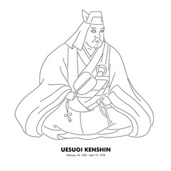 上杉謙信（1530 – 1578）　歴史上の人物　日本　線画イラスト